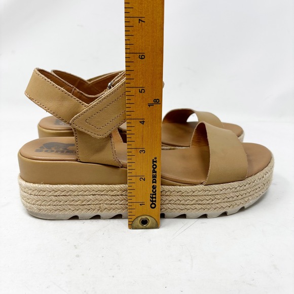 Sorel Tan Leather Espadrille Platform Wedge Sandals Size 9.5 Adjustable Strap - Picture 6 of 9